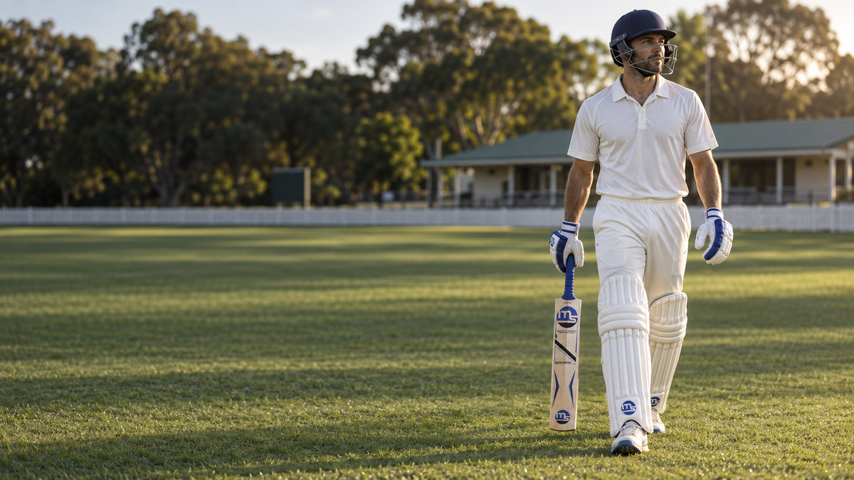 Cricketer walking onto an oval wearing Marvel Elite gear and carrying an Elite Edition bat